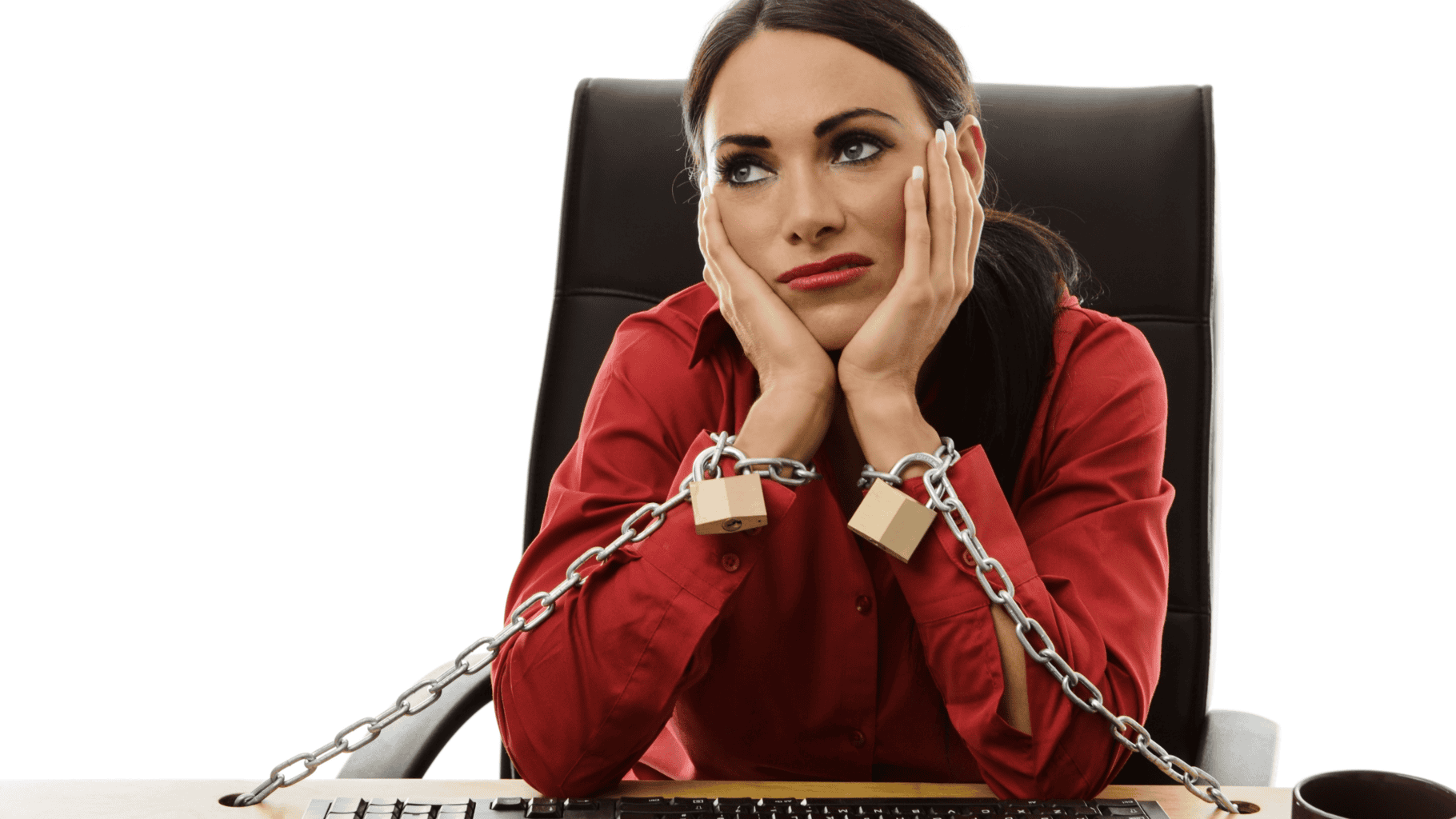 Woman feeling stressed with chains and handcuffs, symbolising emotional burden.