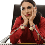 An anxious woman with chains and padlocks around her wrists, symbolising fear of failure.