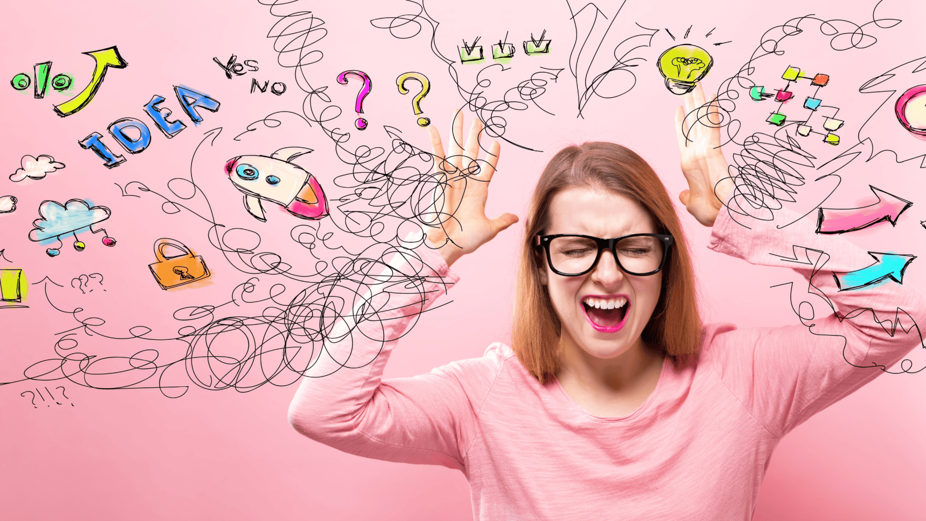 Overwhelmed woman with chaotic doodles representing stress and confusion.